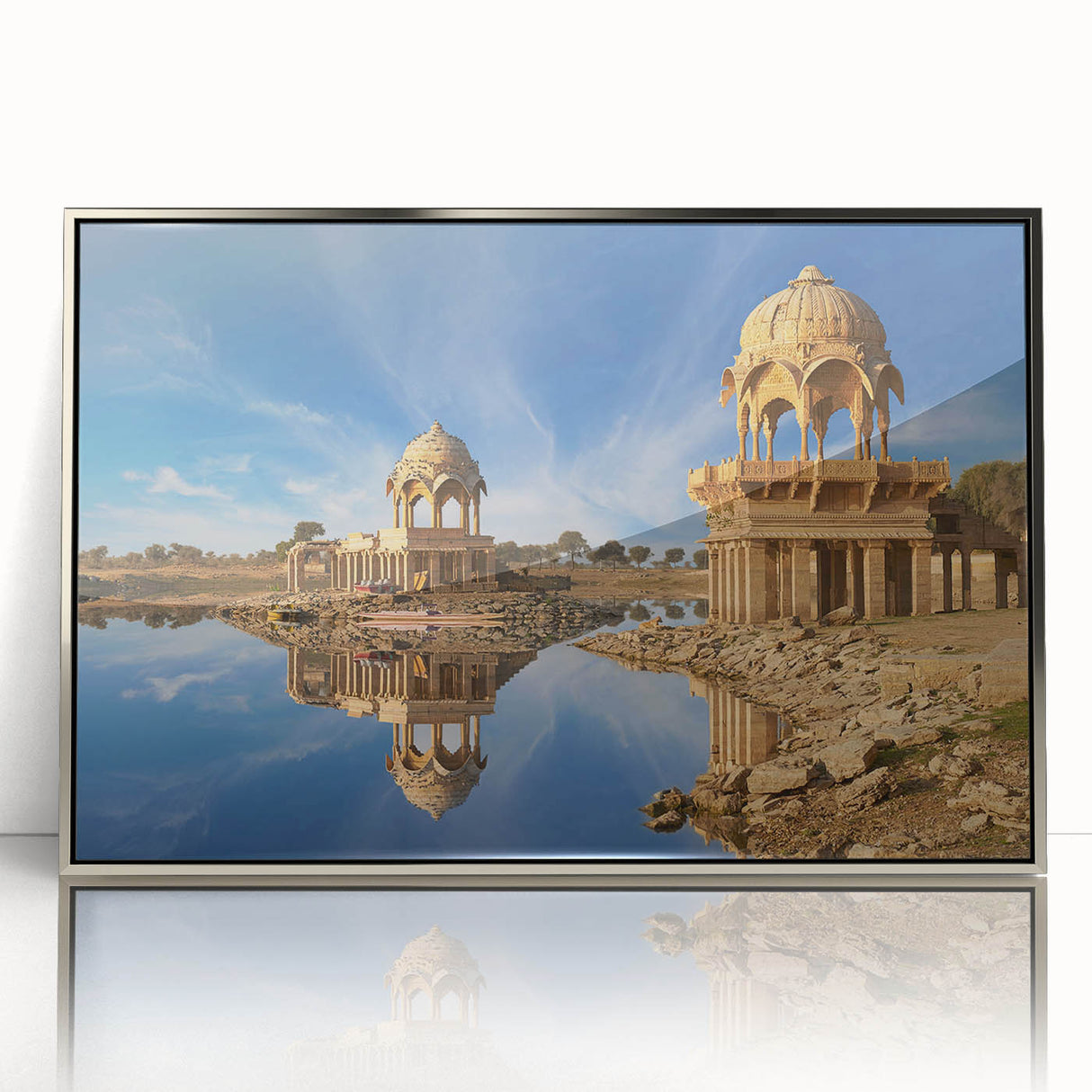 Mid-century modernist art depicting an Indian landscape in muted earth tones, framed in silver acrylic.