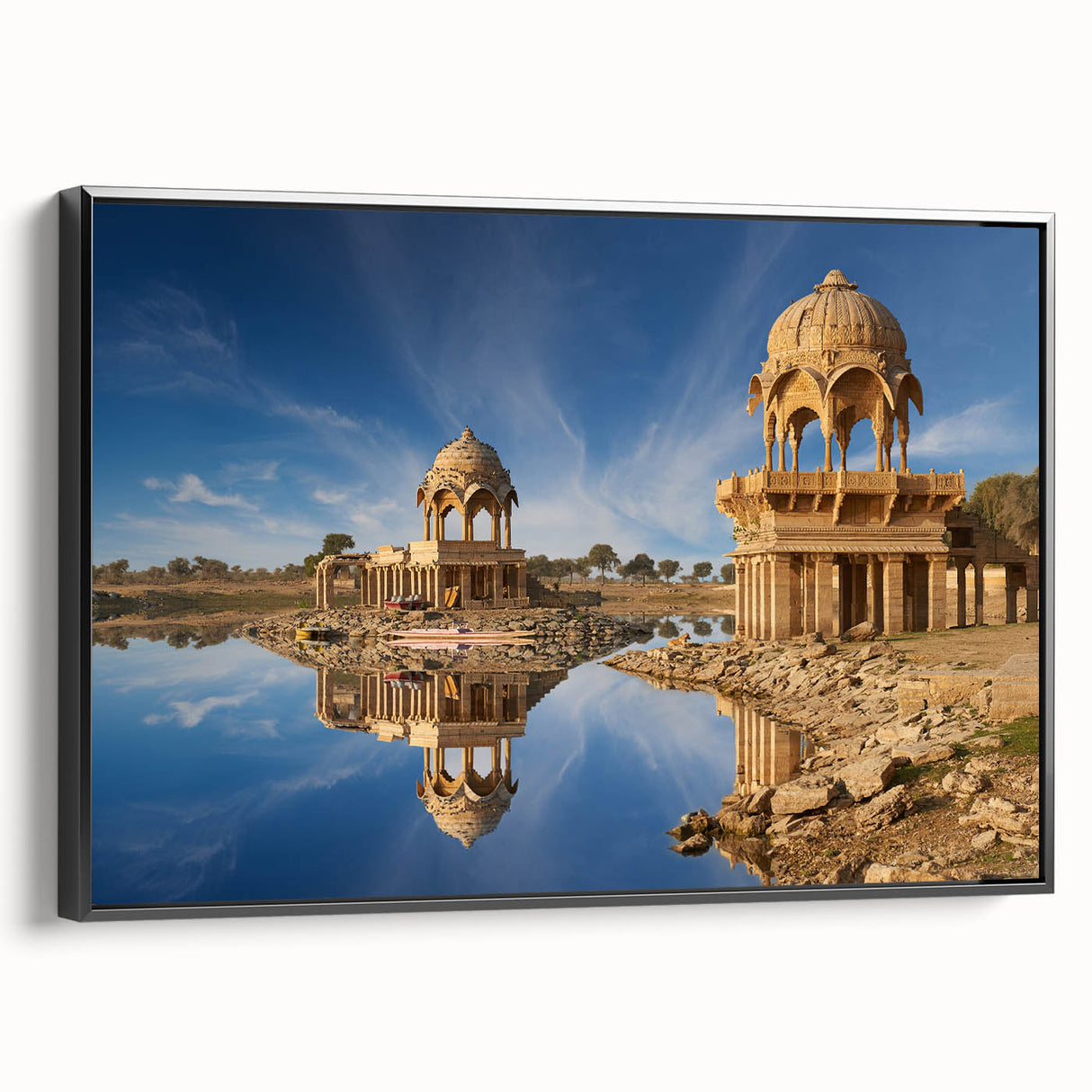 Black and white framed canvas of a vintage Indian landscape, ideal for bedroom wall decor.