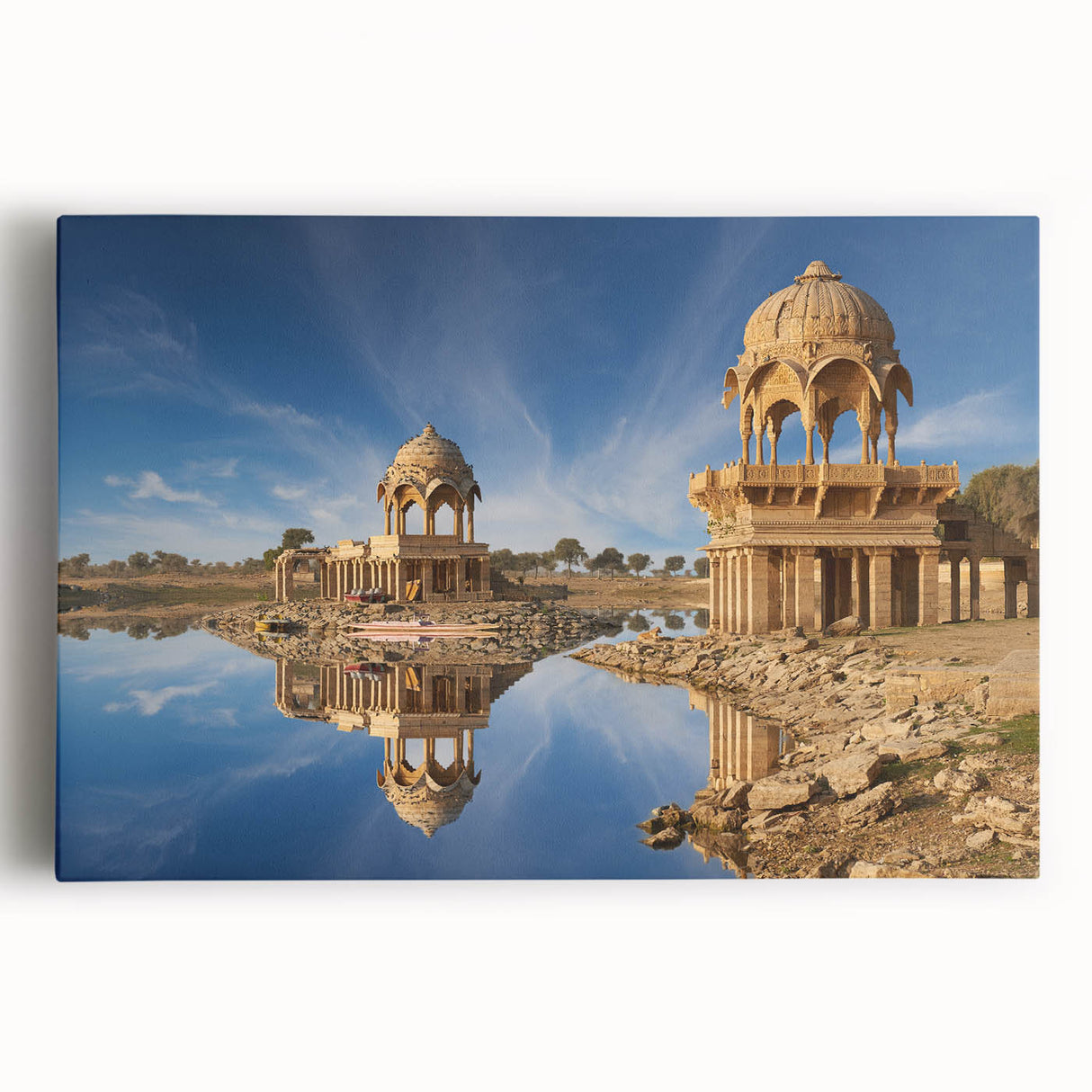 Black and white large art print of an Indian landscape on stretched canvas, ideal for kitchen wall art.