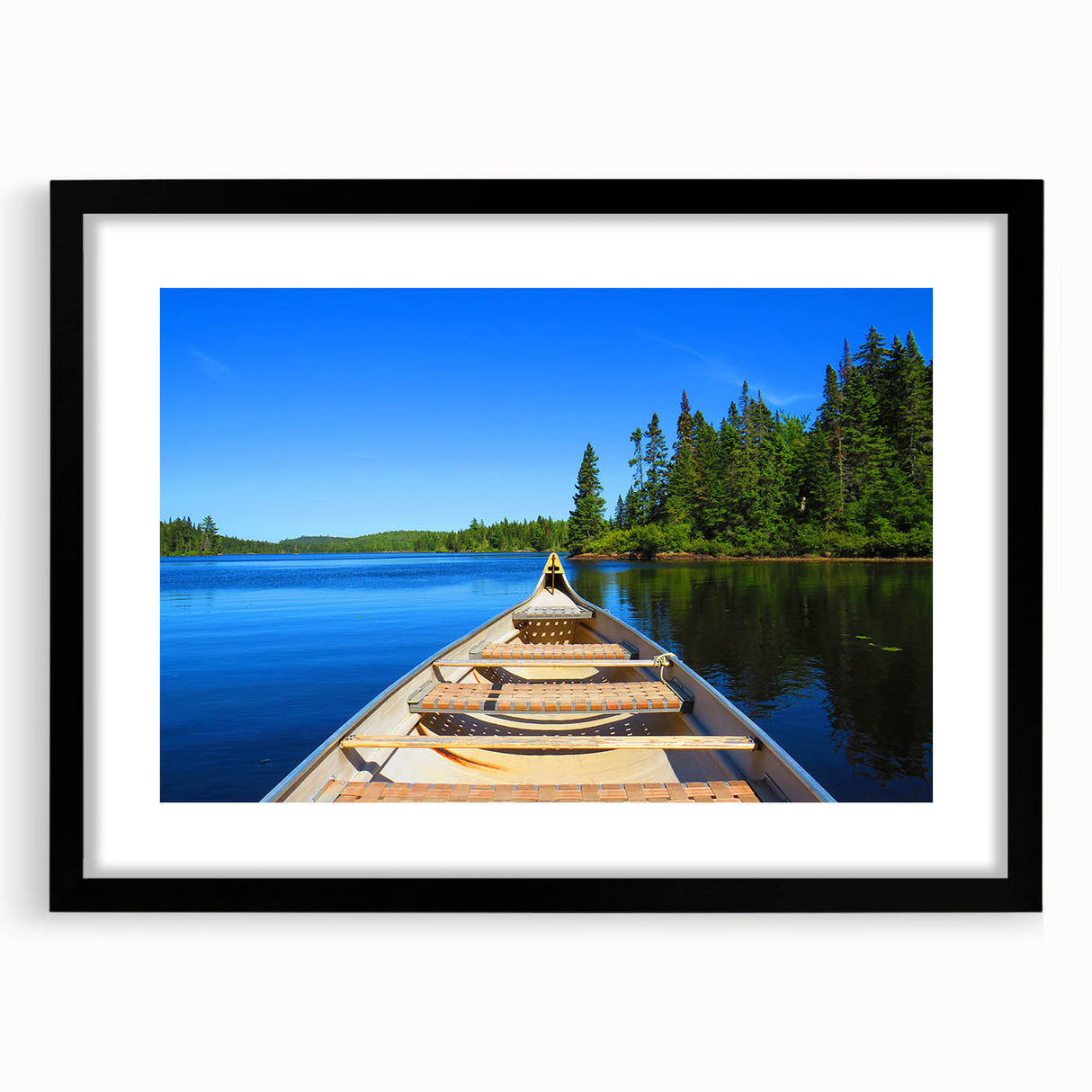 Extra large abstract art print of a colorful Quebec scenery on textured canvas, framed in black, ideal for living room decor.