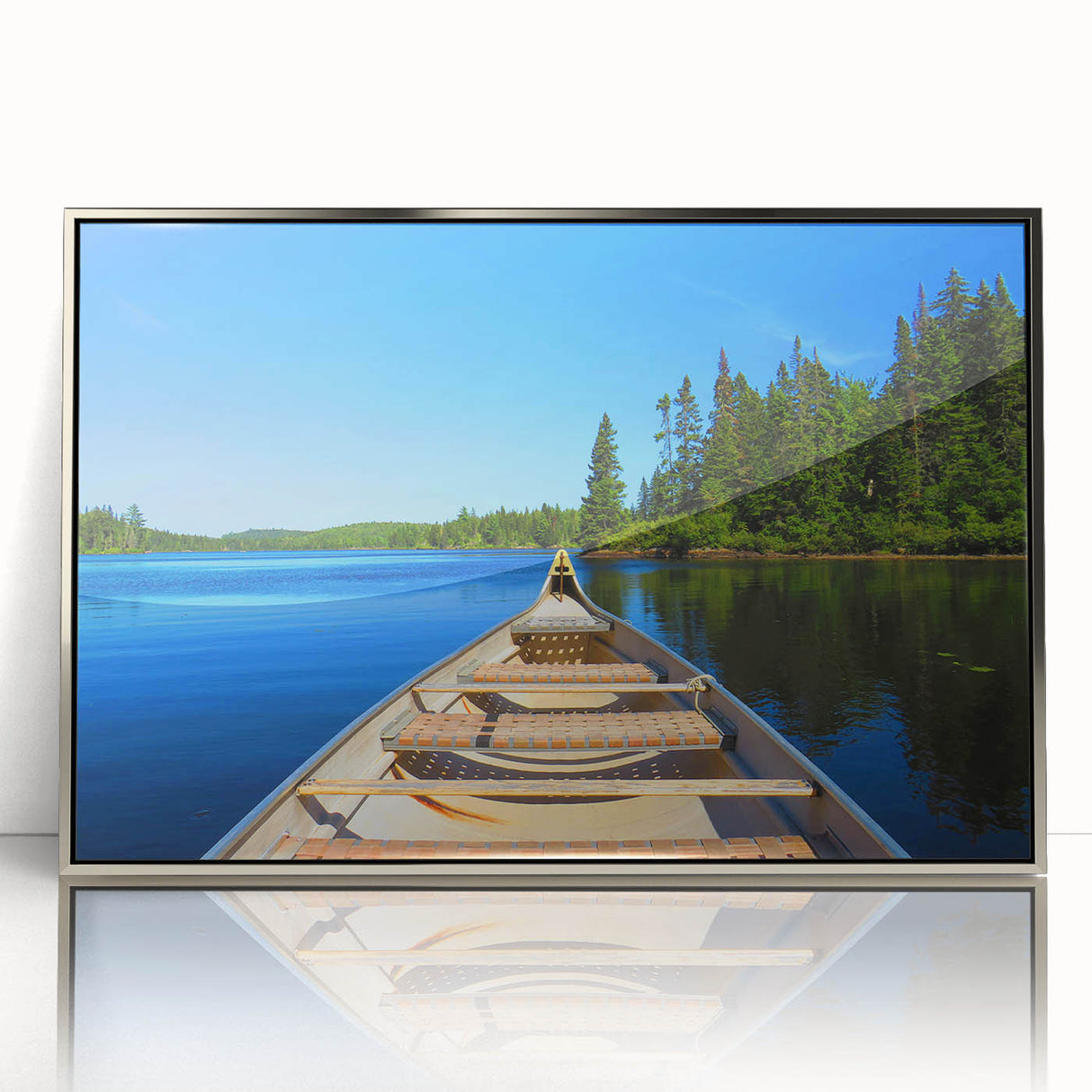 Mid-century modernist art featuring a serene Quebec landscape in muted earth tones, silver-framed acrylic print.