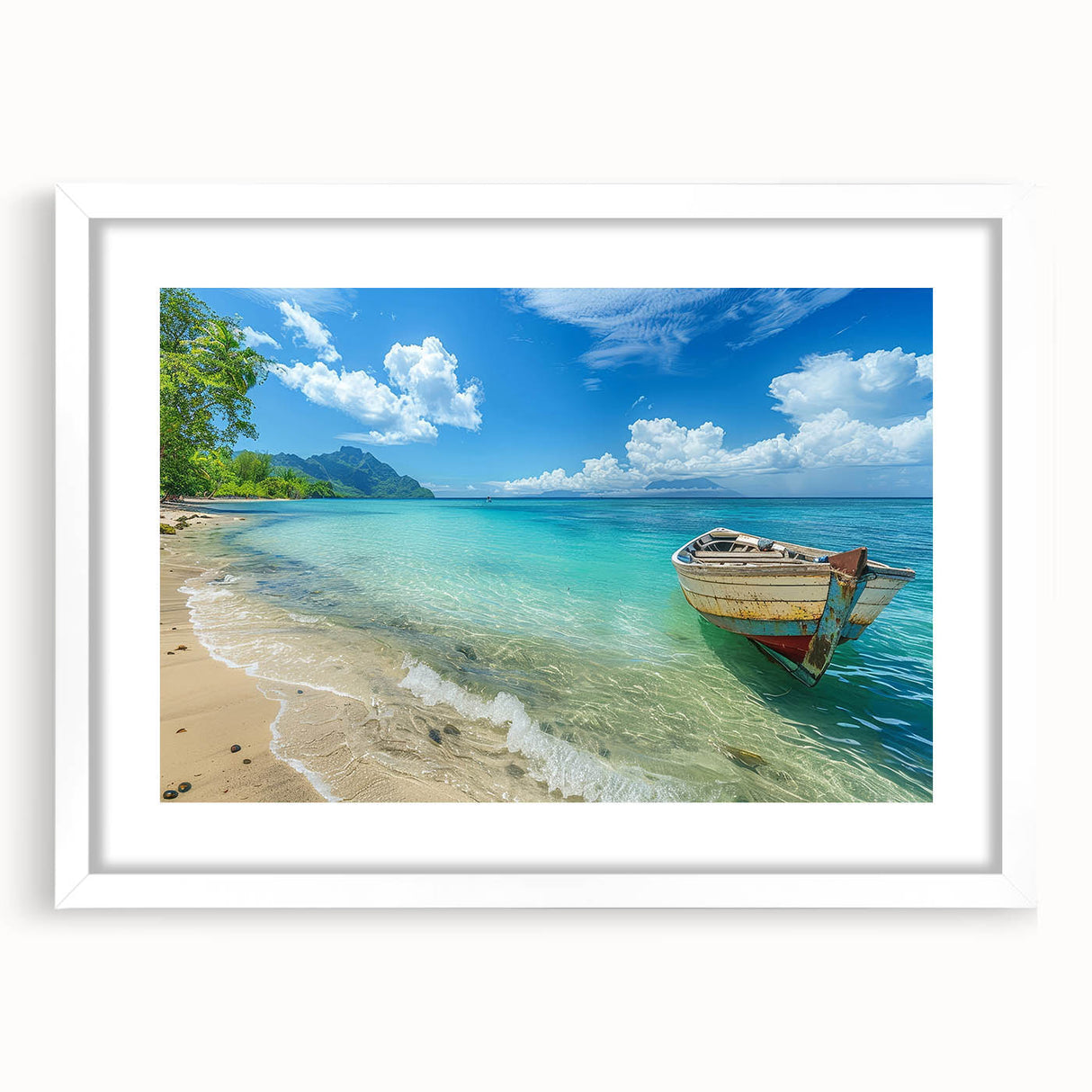 Textured abstract art print of a Caribbean scenery in muted blues and greens on a framed white mat.