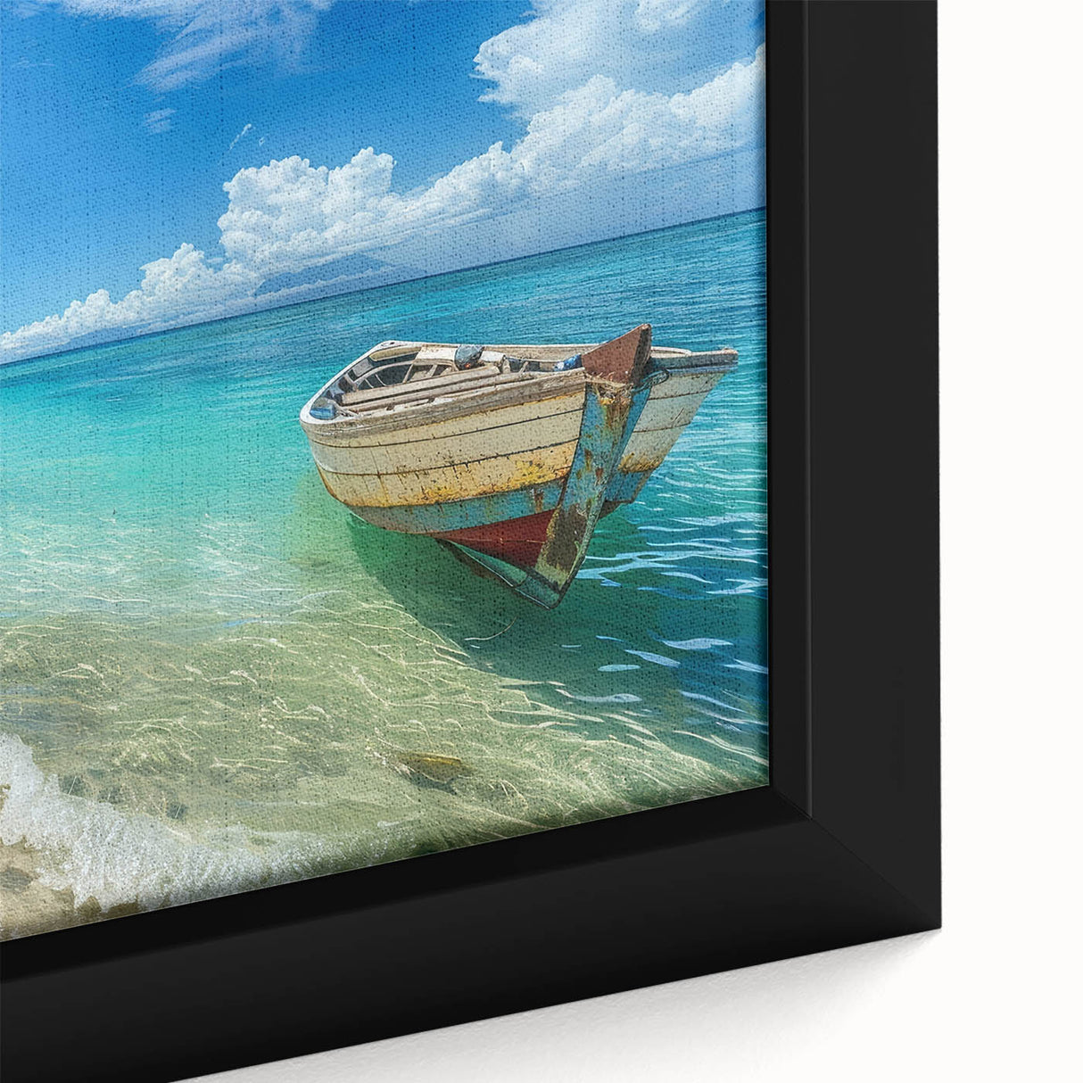 Extra large framed canvas featuring a textured, colorful Caribbean Aruba scenery, ideal for living room decor.