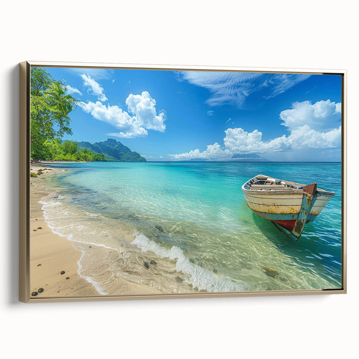 Framed canvas featuring a vintage-style landscape painting of Caribbean Aruba, with gold hues, ideal for bedroom wall art.