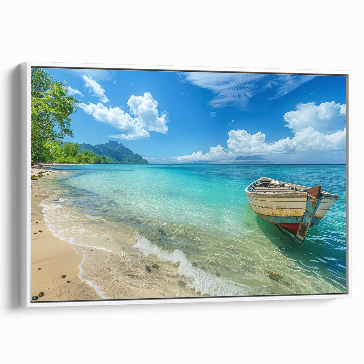 Vintage poster art of a Caribbean Aruba scenery on a large framed canvas, featuring vibrant tropical colors.
