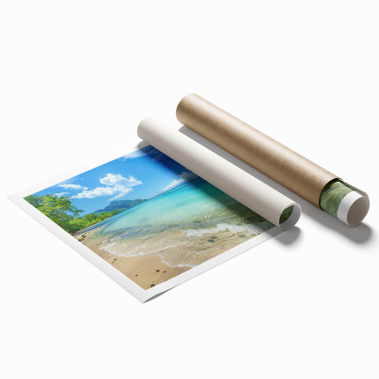 Extra large rolled print of a Caribbean Aruba scenery with vibrant beach and floral elements.