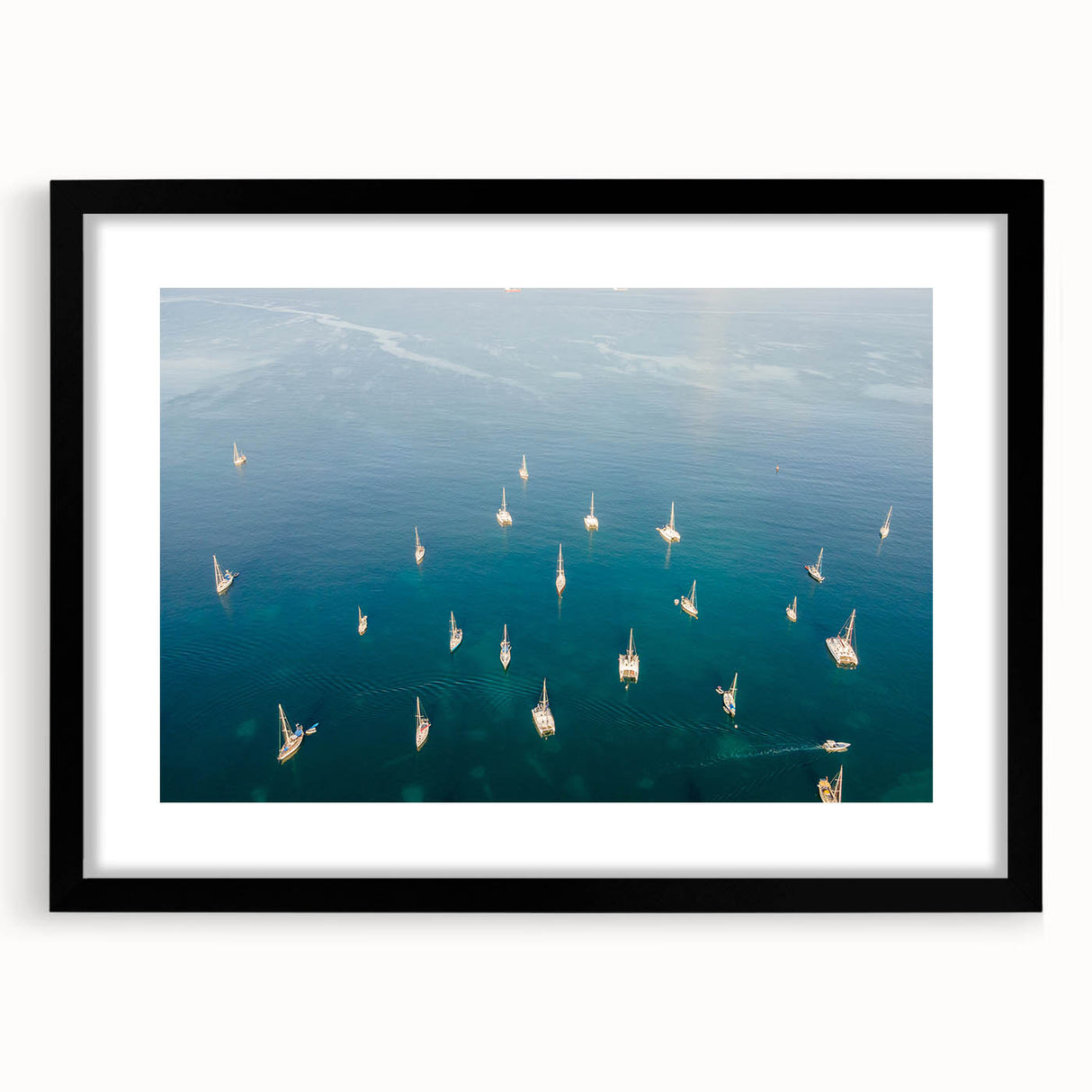 Extra large, colorful abstract art print of a Caribbean scenery on a textured canvas, framed in black.