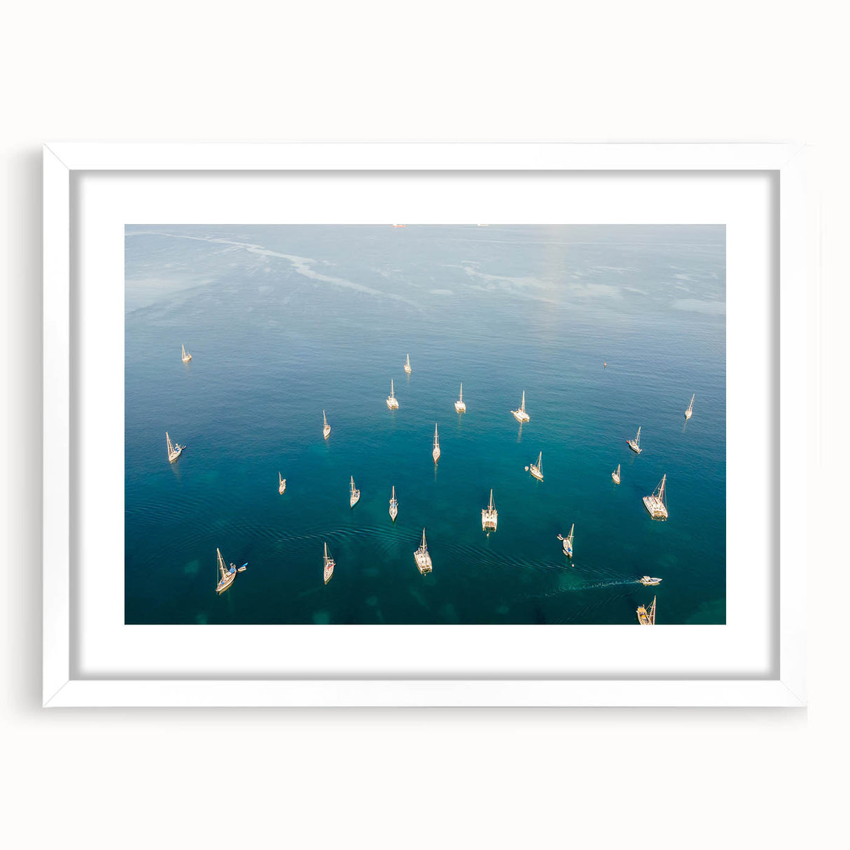 Textured art of abstract Caribbean scenery in muted blue and green, framed with a white mat, suitable for bedroom decor.