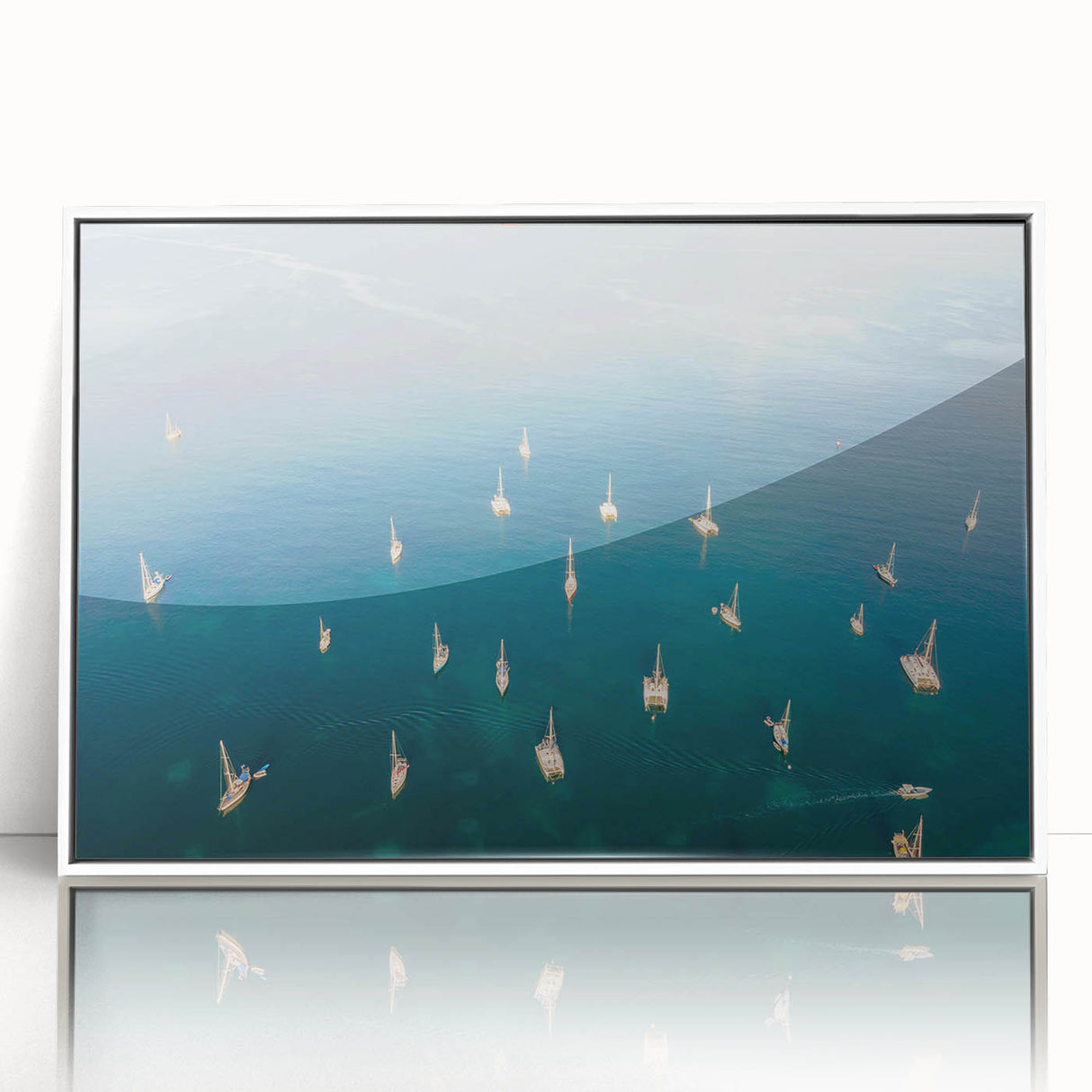 Framed acrylic print of a serene Caribbean Martinique scenery in muted blue and green tones, ideal for modern art wall decor.