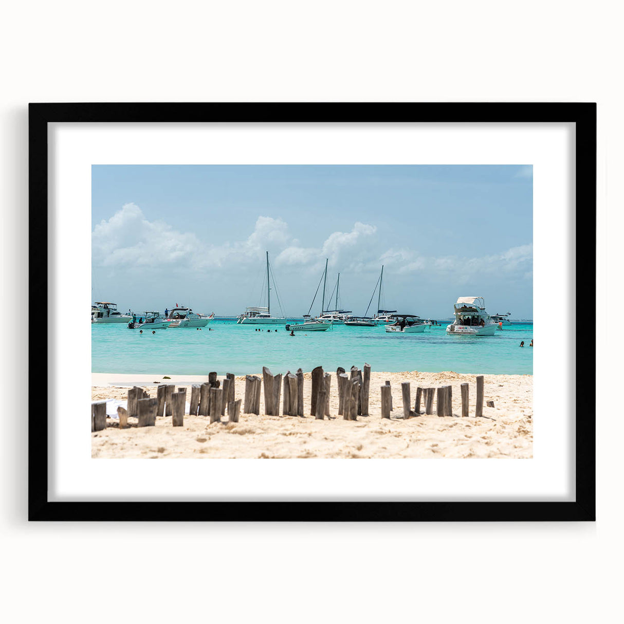 Colorful abstract art print of a vibrant Mexican scenery in a black frame, ideal for living room decor.