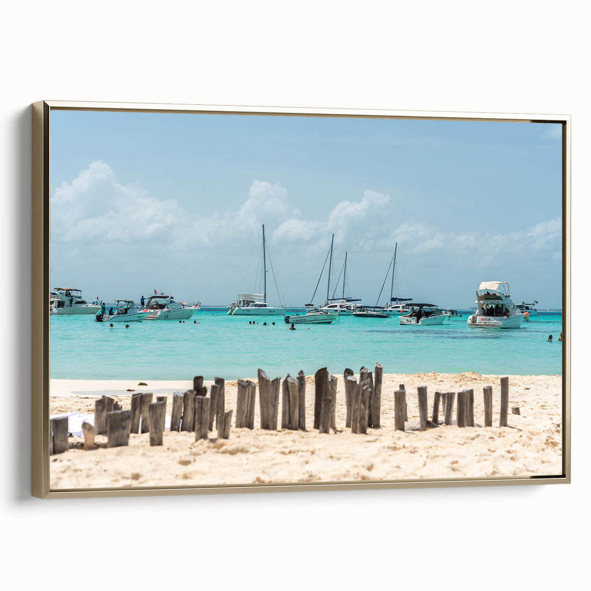 Framed canvas featuring a vintage-style landscape painting of Quintana Roo, Mexico, with muted gold and black tones.