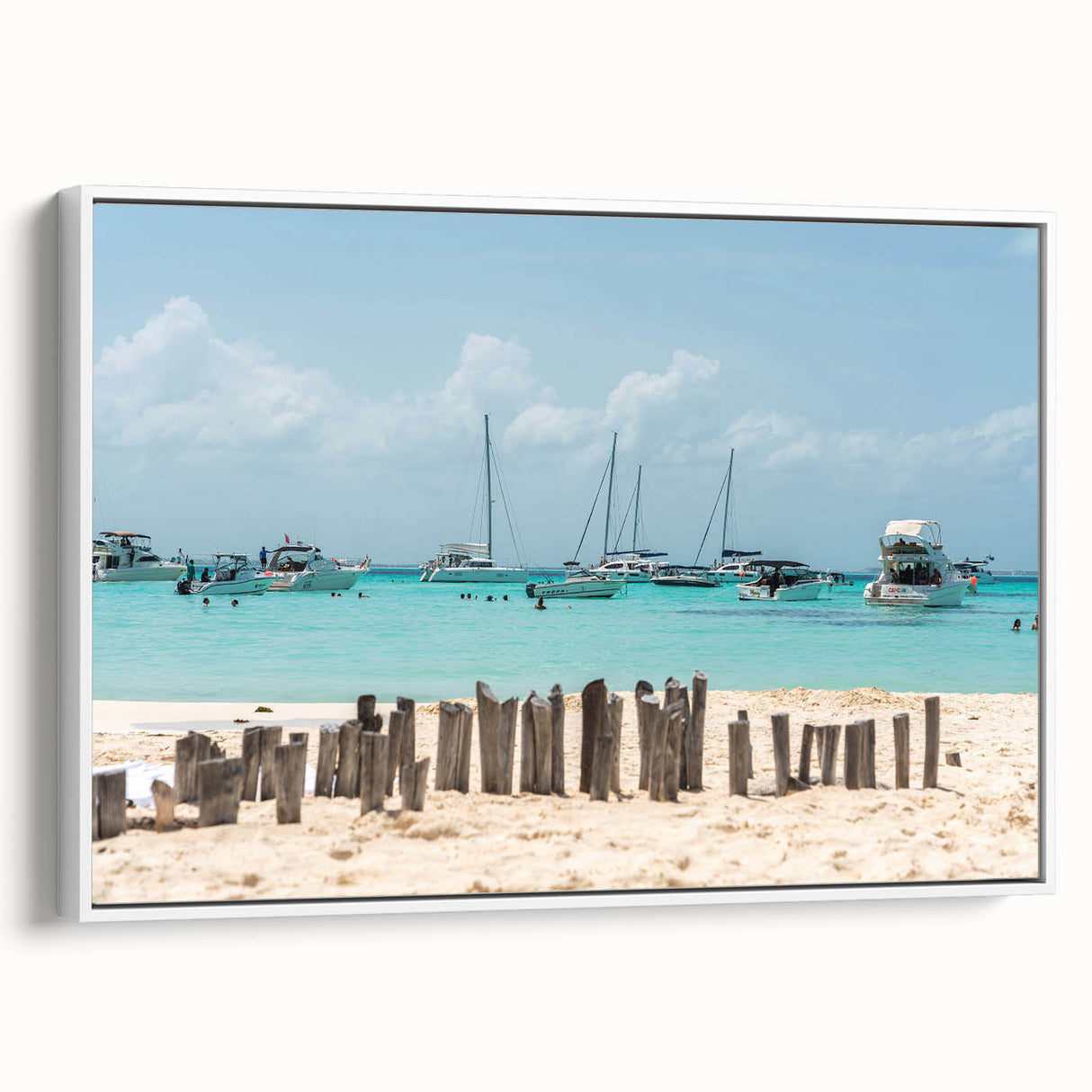 Vintage poster art of Quintana Roo scenery on a framed canvas with vivid colors, ideal for living room decor.