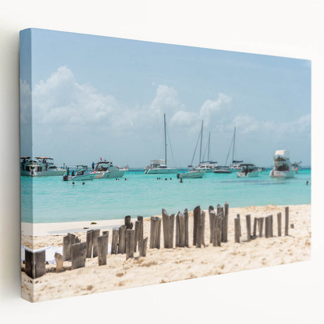 Large stretched canvas depicting a serene Quintana Roo landscape in soft blue and green tones, ideal for kitchen wall art.