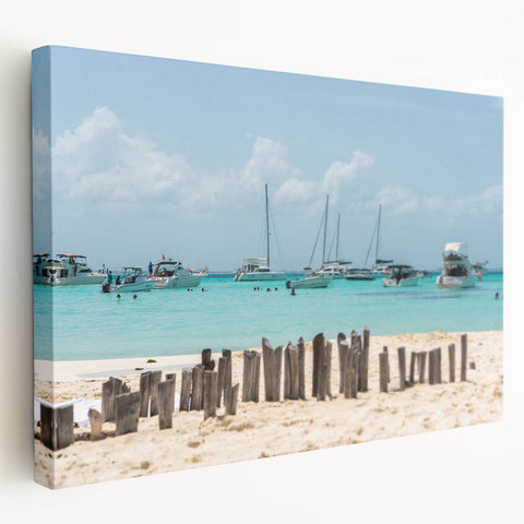 Large stretched canvas depicting a serene Quintana Roo landscape in soft blue and green tones, ideal for kitchen wall art.
