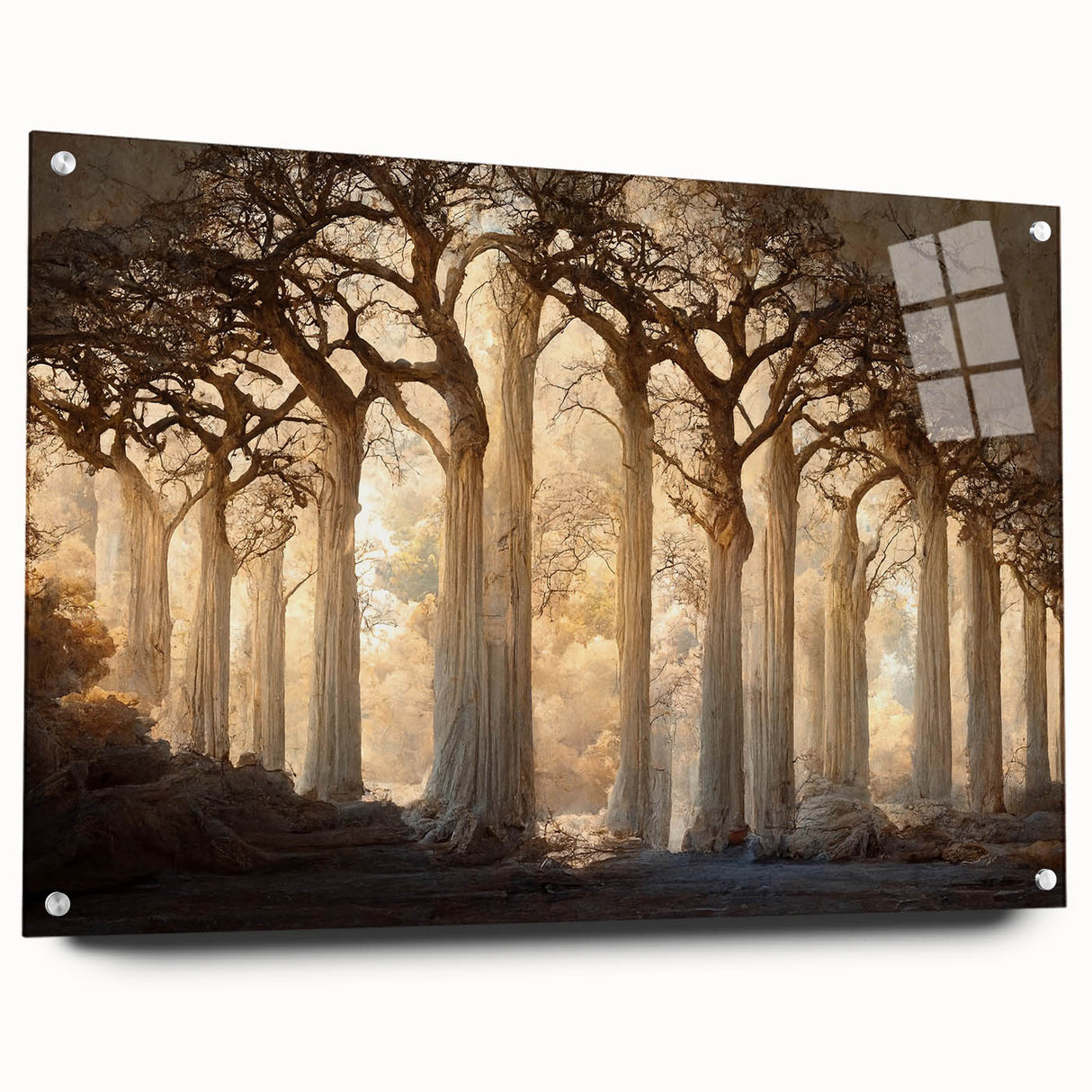 Abstract floral wall art design displayed in acrylic glass, showcasing vibrant colors and intricate details. Side view highlights the elegant pin mounting for modern decor.