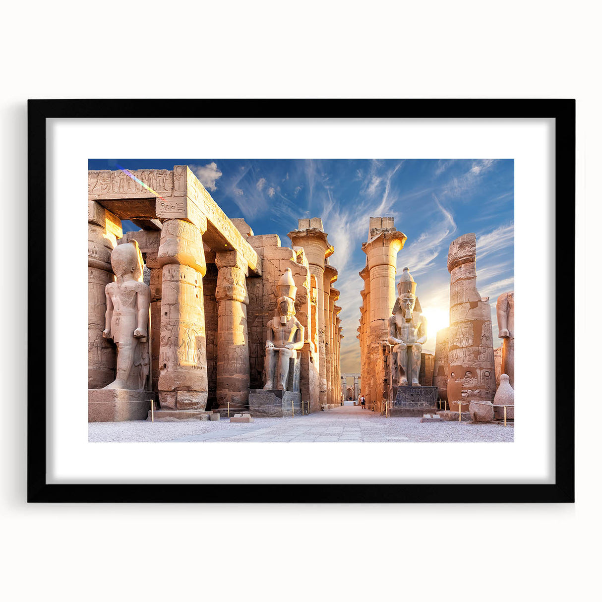Extra large abstract art print depicting colorful, textured scenery of Egypt, framed with a black mat.