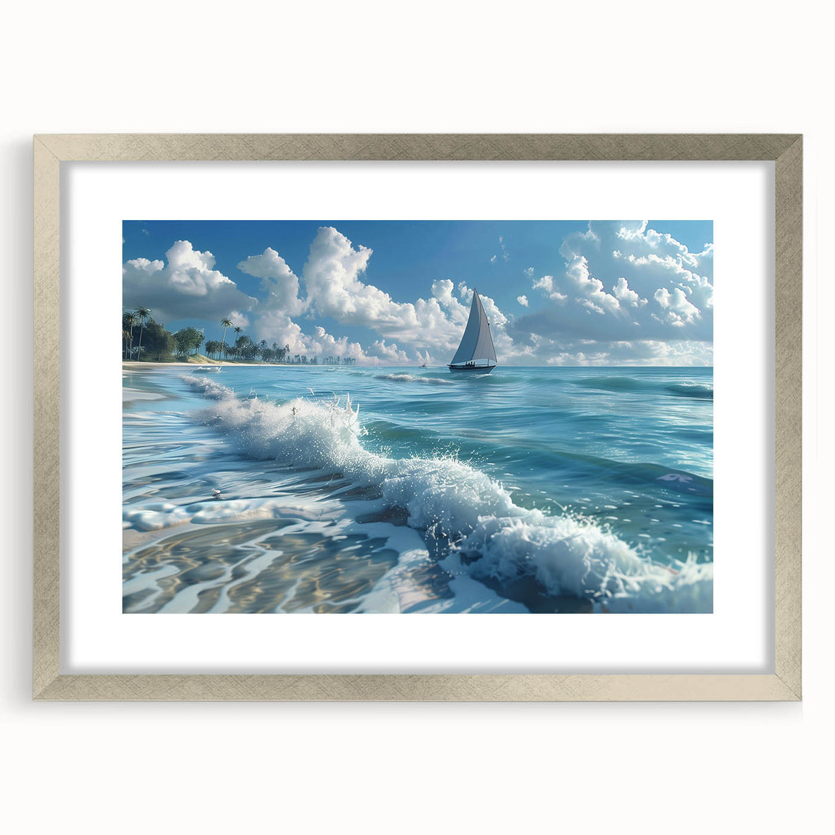 Abstract art print of a Kenyan landscape in muted earth tones on a framed silver mat, ideal for dining room decor.