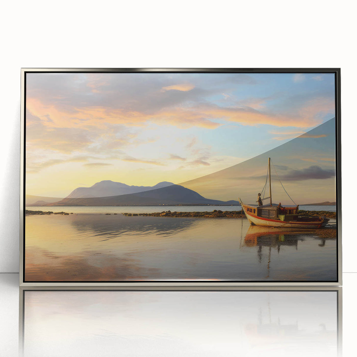 Art deco poster of a Mauritius scenery in silver acrylic frame, suitable for modern nursery wall art.