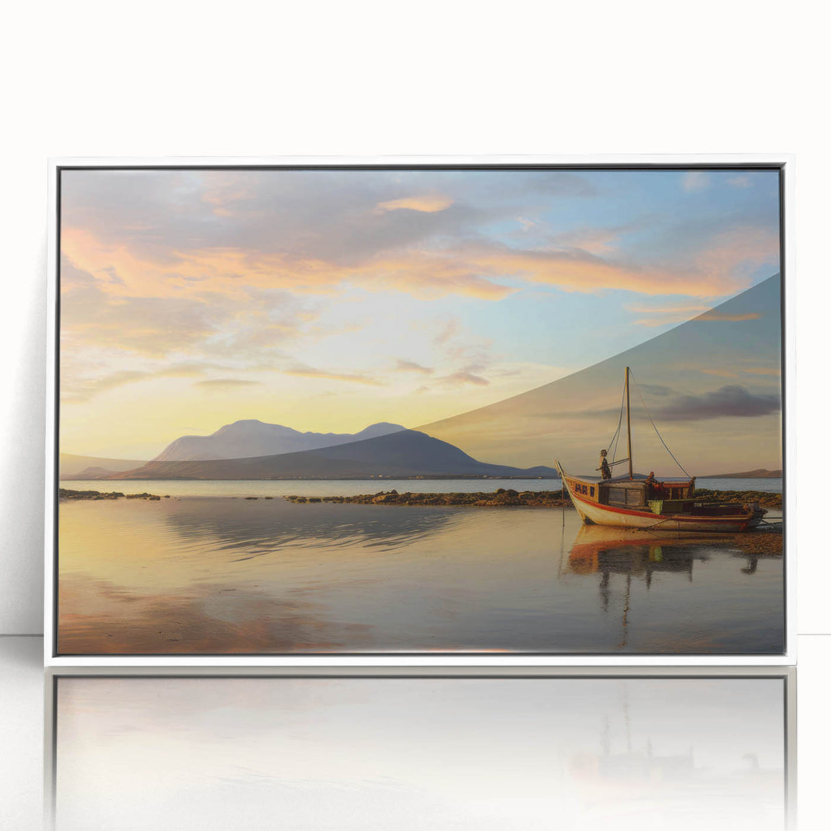 Framed acrylic print of a Mauritian landscape in muted colors, ideal for modern art wall decor.