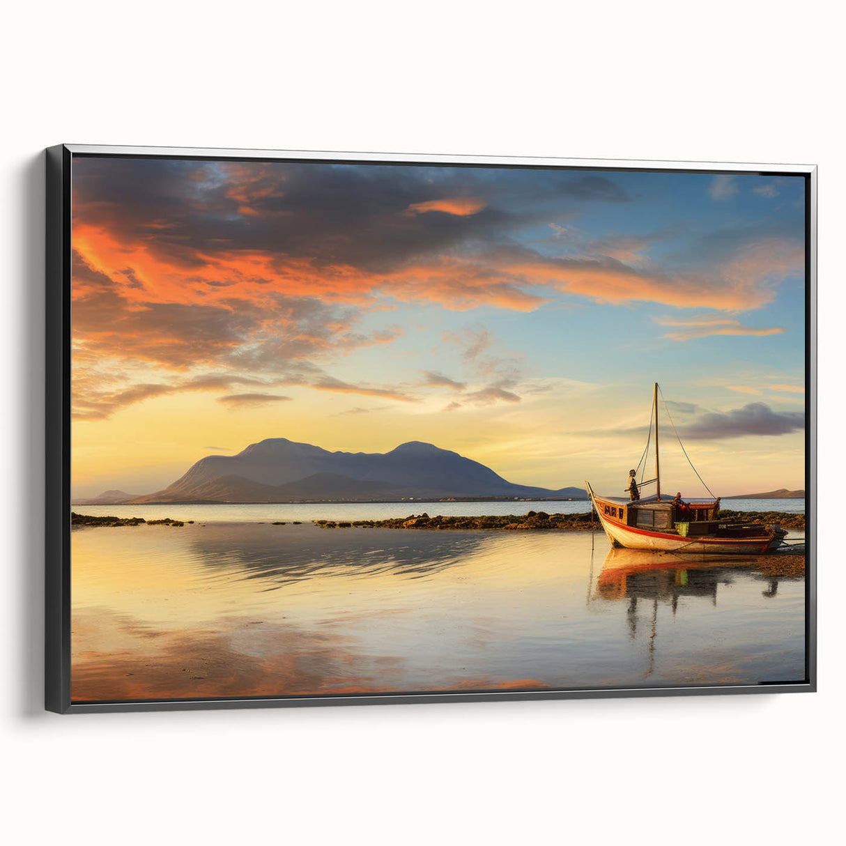 Black and white framed canvas featuring a vintage-style landscape of Mauritius, ideal for bedroom wall decor.