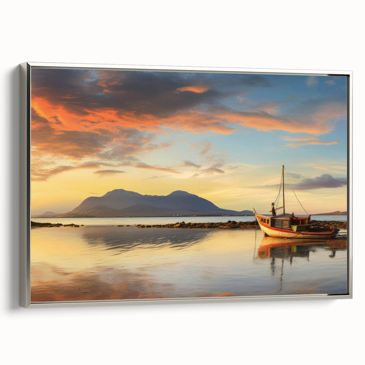 Vintage poster art of a colorful Mauritius scenery on extra large framed canvas, ideal for living room decor.