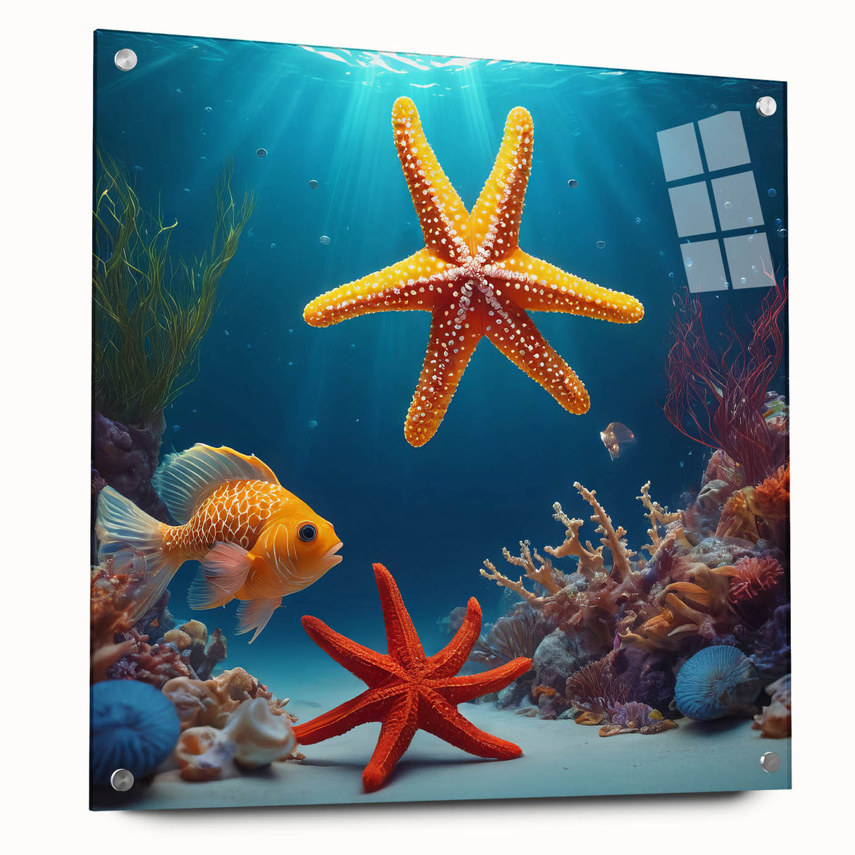 Large abstract wall art depicting Seychelles scenery in vibrant ocean blues and greens, printed on acrylic glass.