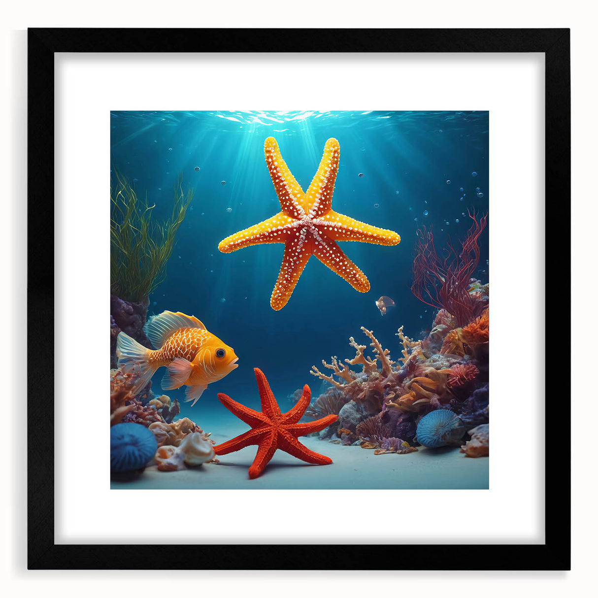 Extra large abstract art print featuring a colorful, textured depiction of Seychelles scenery on a black framed canvas.