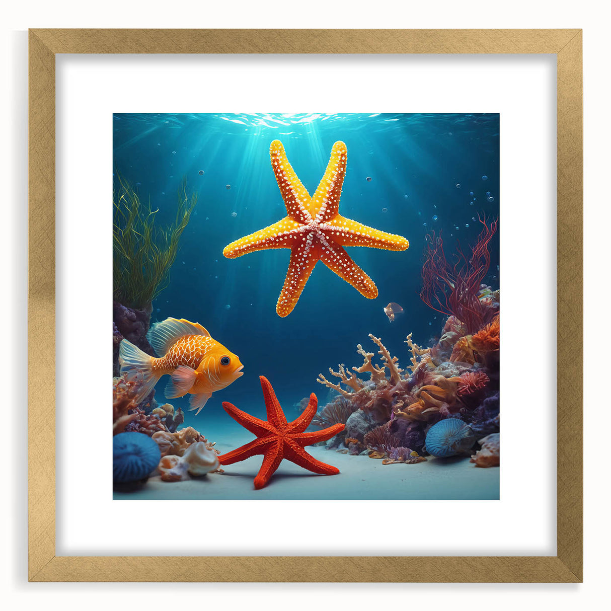 Extra large framed wall art depicting an abstract Seychelles scenery in textured gold and blue tones.