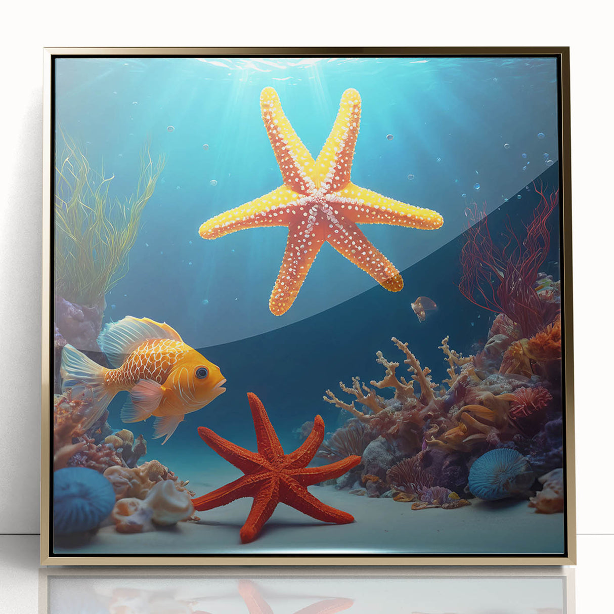 Large art print of an African Seychelles landscape in muted gold and green tones on framed acrylic.