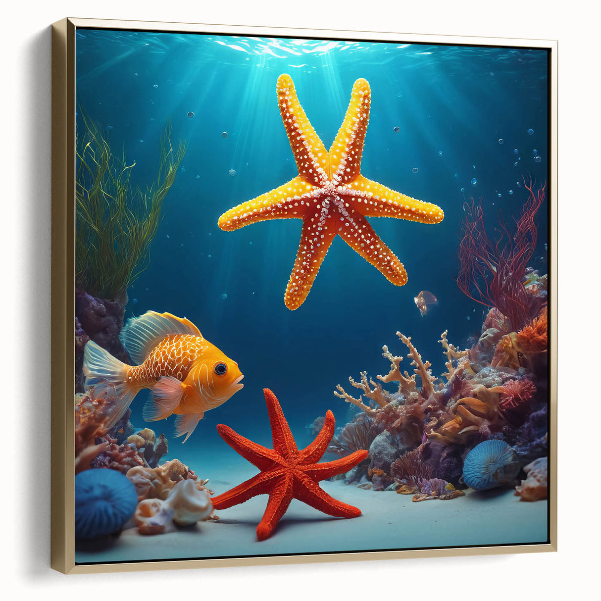 Framed canvas depicting a serene Seychelles landscape in silver and gold tones, ideal for bedroom wall art.