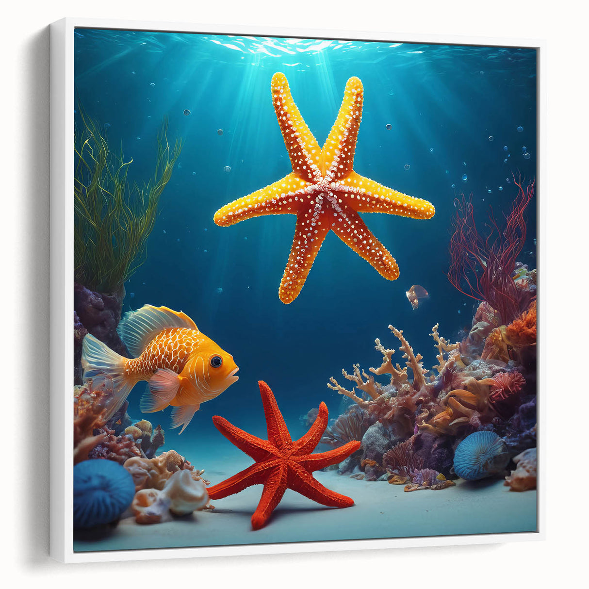 Vintage poster art of Seychelles scenery on framed canvas, featuring vibrant colors, ideal for living room decor.