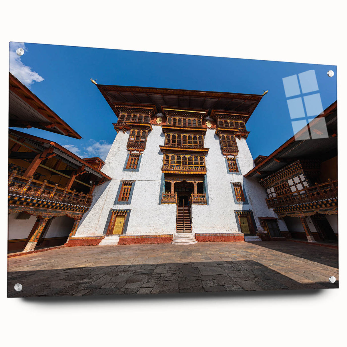 Acrylic print of a Bhutanese landscape in muted earth tones, ideal for dining room decor.