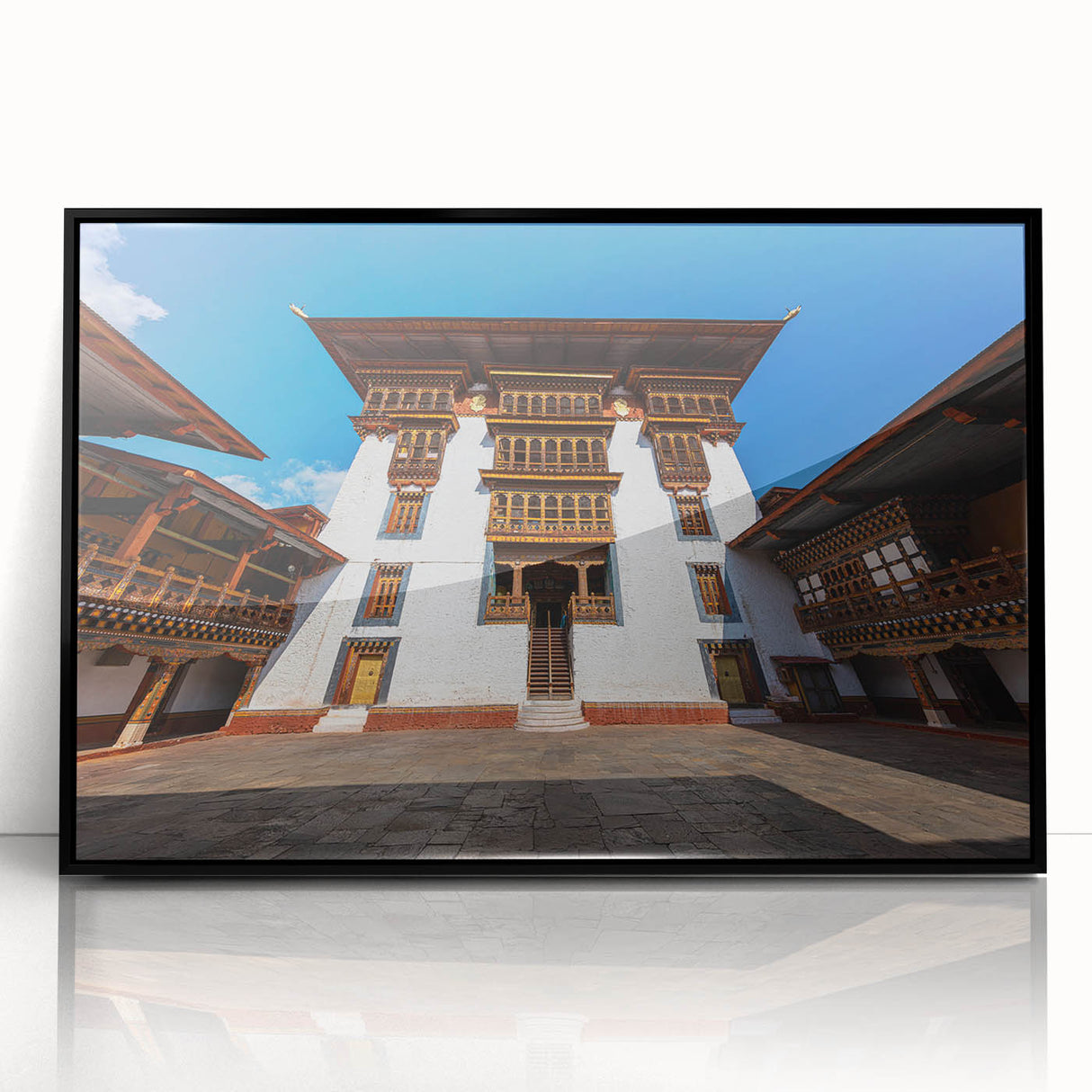 Large abstract wall art of Bhutan scenery in mid-century modernist style with vivid colors on framed acrylic.