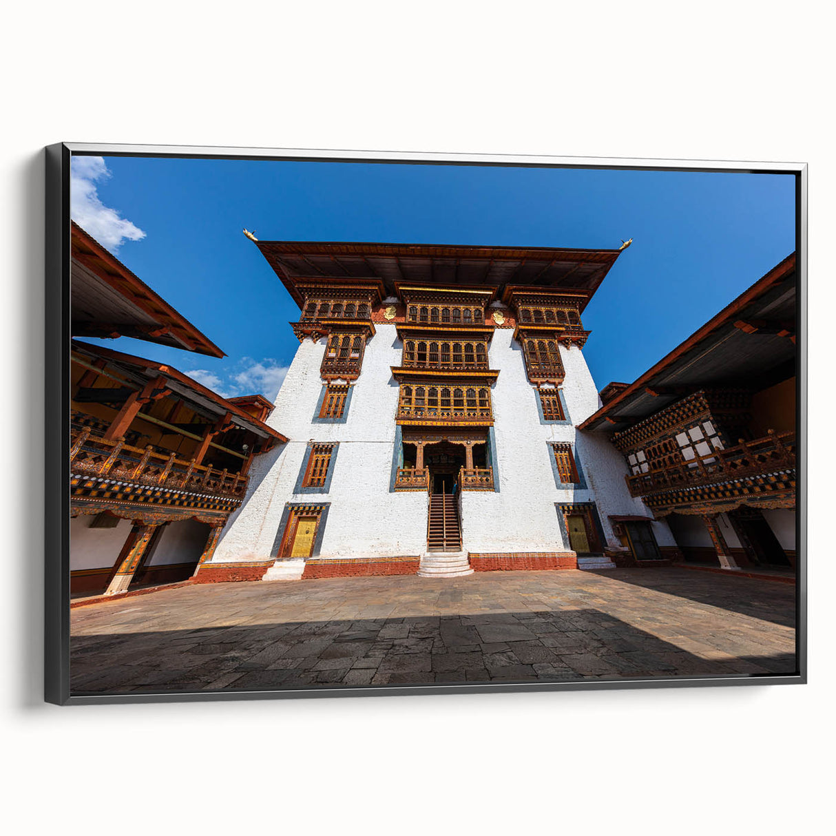 Black and white landscape art painting of Bhutan scenery on framed canvas, ideal for bedroom wall decor.