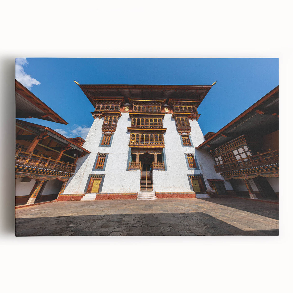 Black and white photograph of Bhutanese landscape on stretched canvas, ideal for kitchen art.