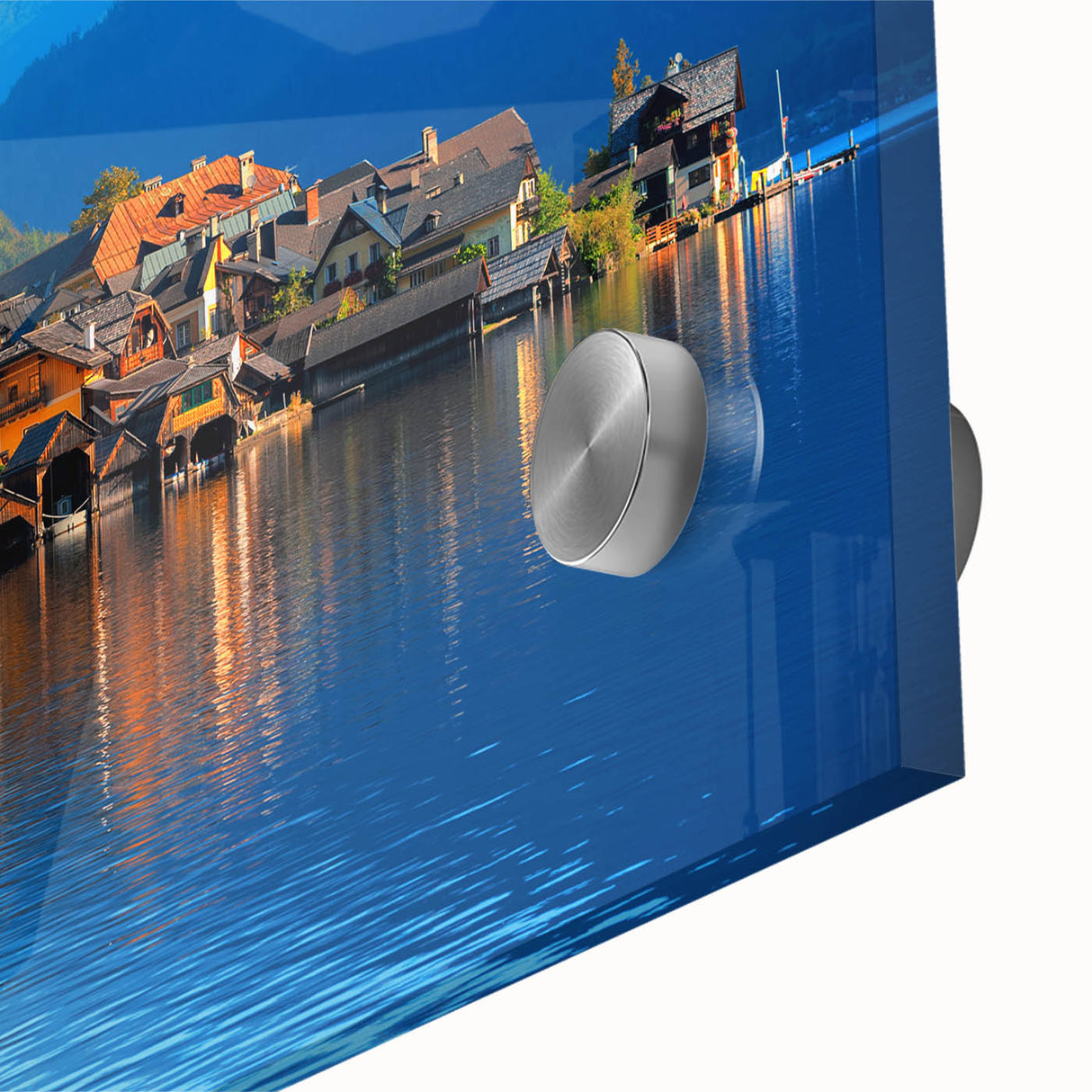 Large abstract wall art depicting a European Austrian landscape in muted earth tones on acrylic glass.