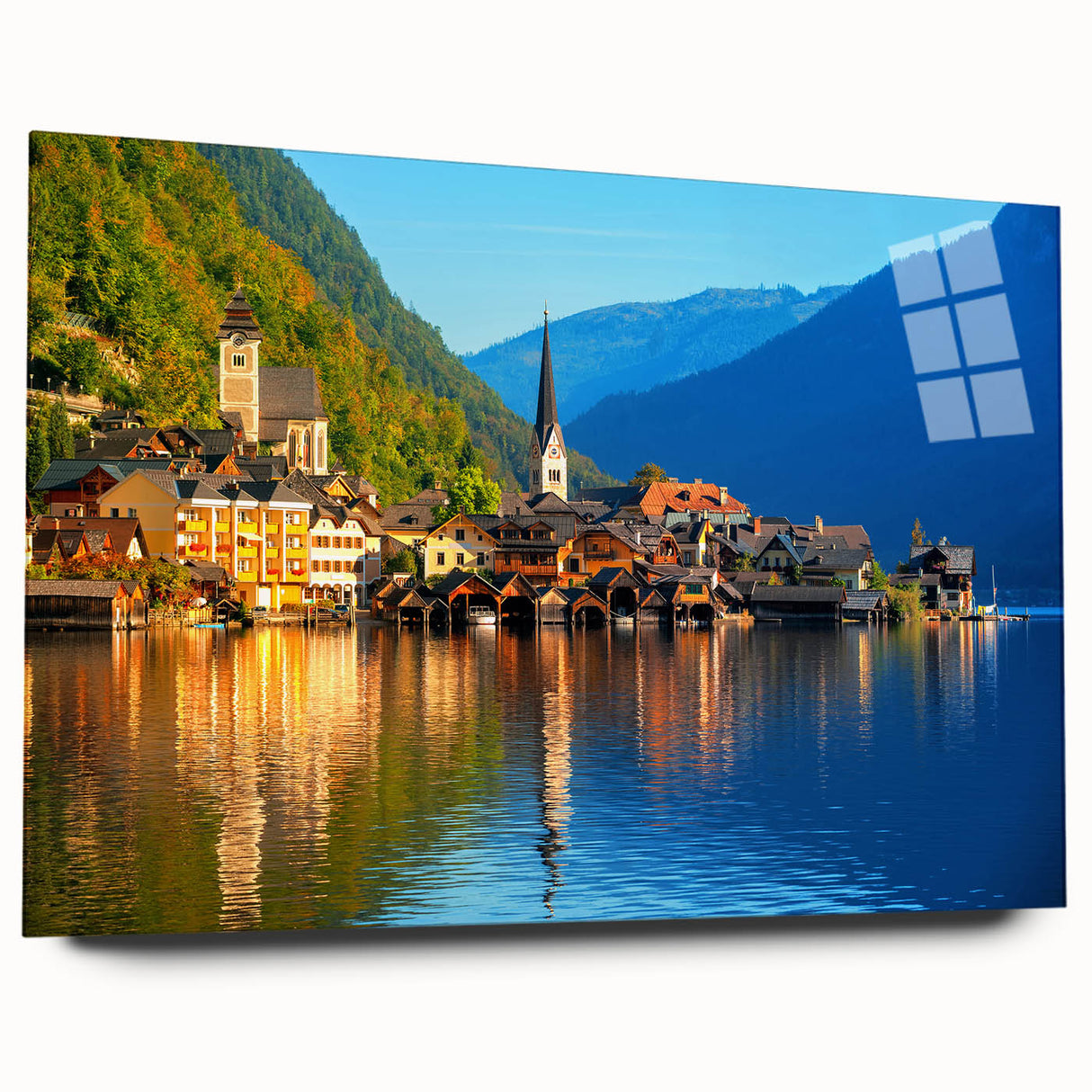 Large abstract wall art of a European scenery in pastel shades on acrylic glass, ideal for bedroom or dining room decor.