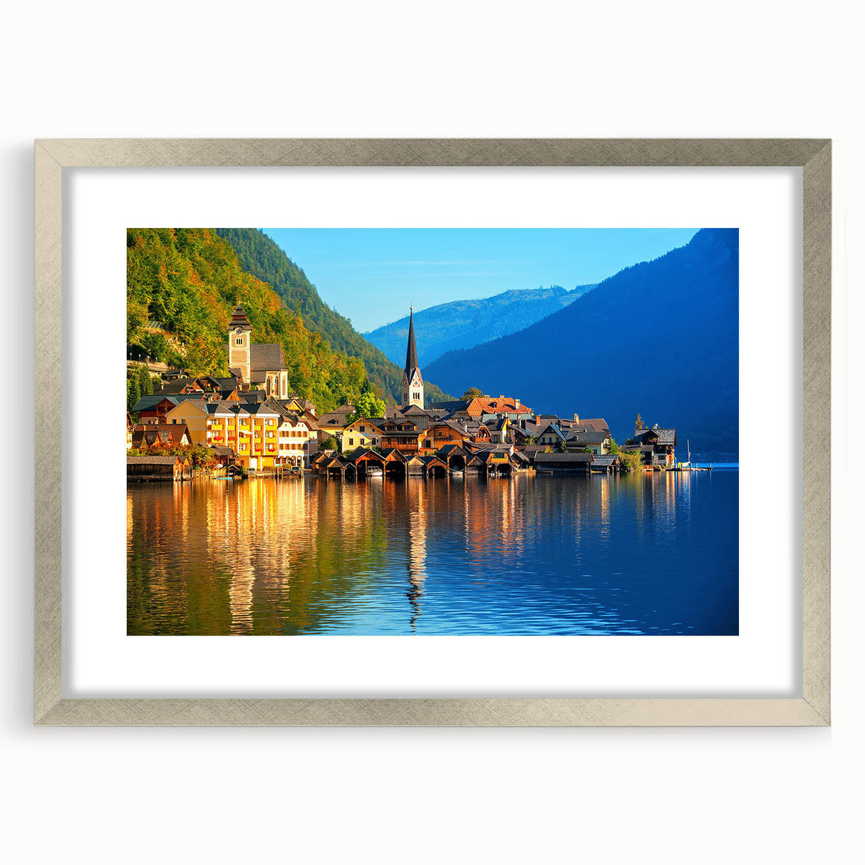 Extra large abstract art print of a textured European scenery in silver frame, ideal for living room decor.