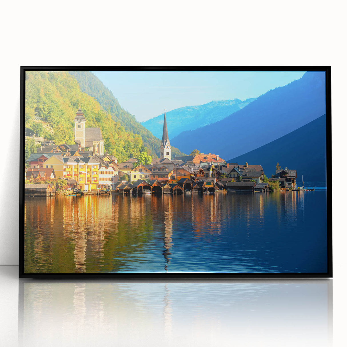 Large abstract wall art depicting a European Austrian landscape in muted earth tones on a framed acrylic.