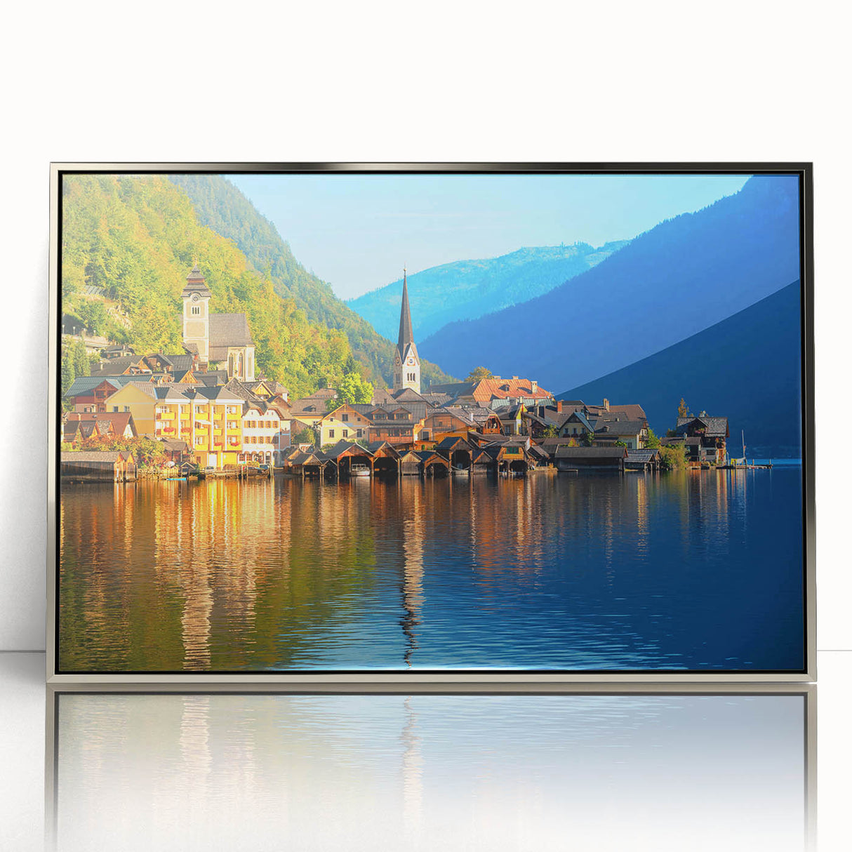 Framed acrylic print of a European scenery in Austria with muted earth tones, ideal for modern art wall decor.