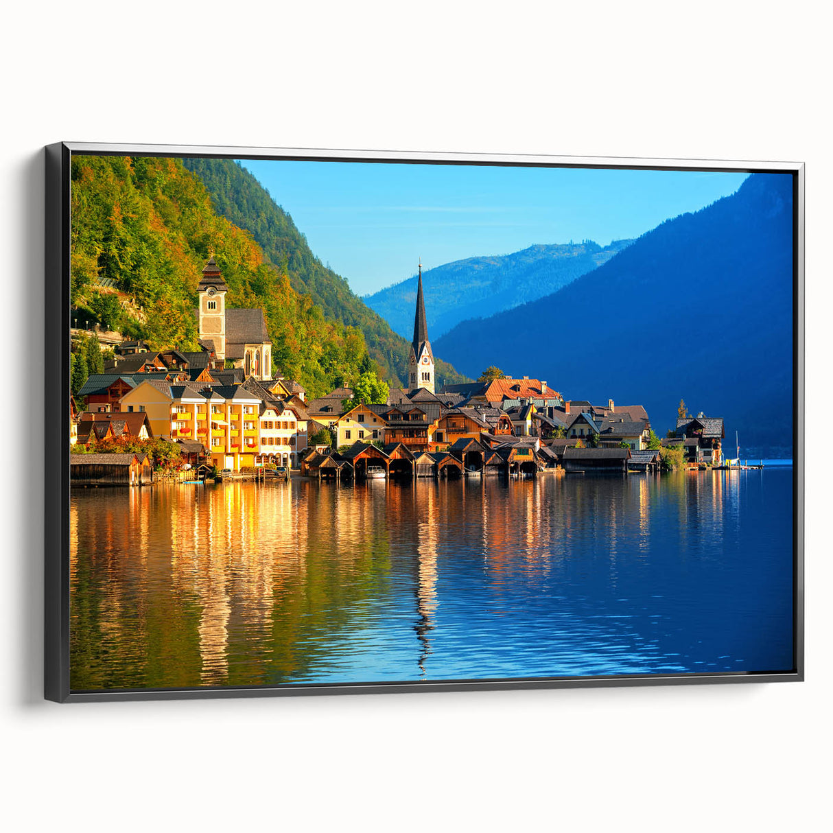 Black and white landscape art painting of a European village, printed on framed canvas, suitable for bedroom decor.