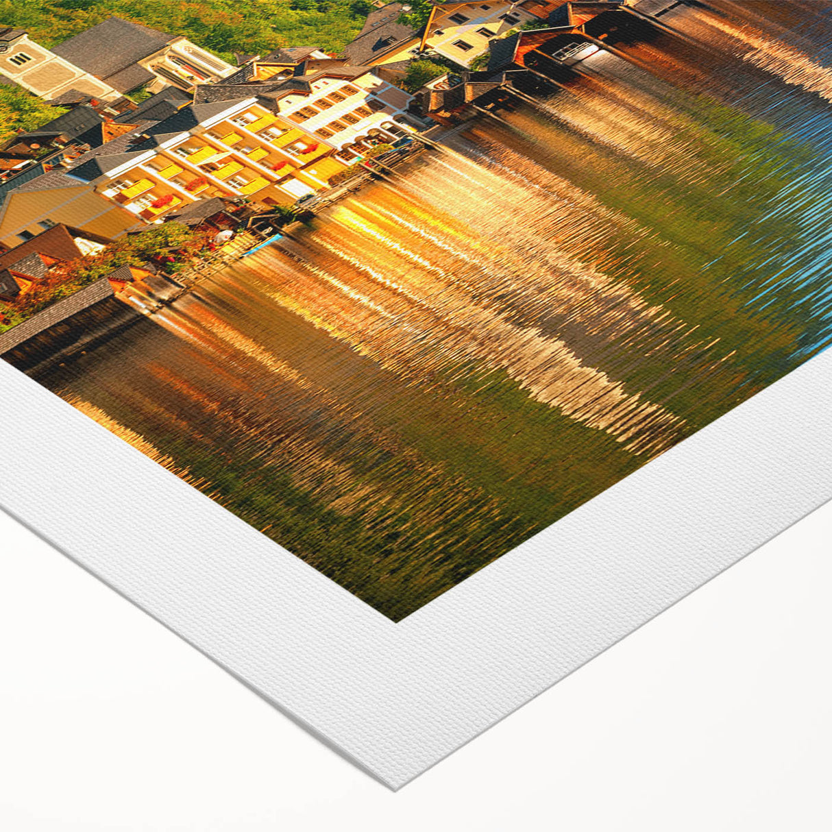 Art deco poster featuring a scenic Austrian landscape in muted green and blue tones on rolled canvas.