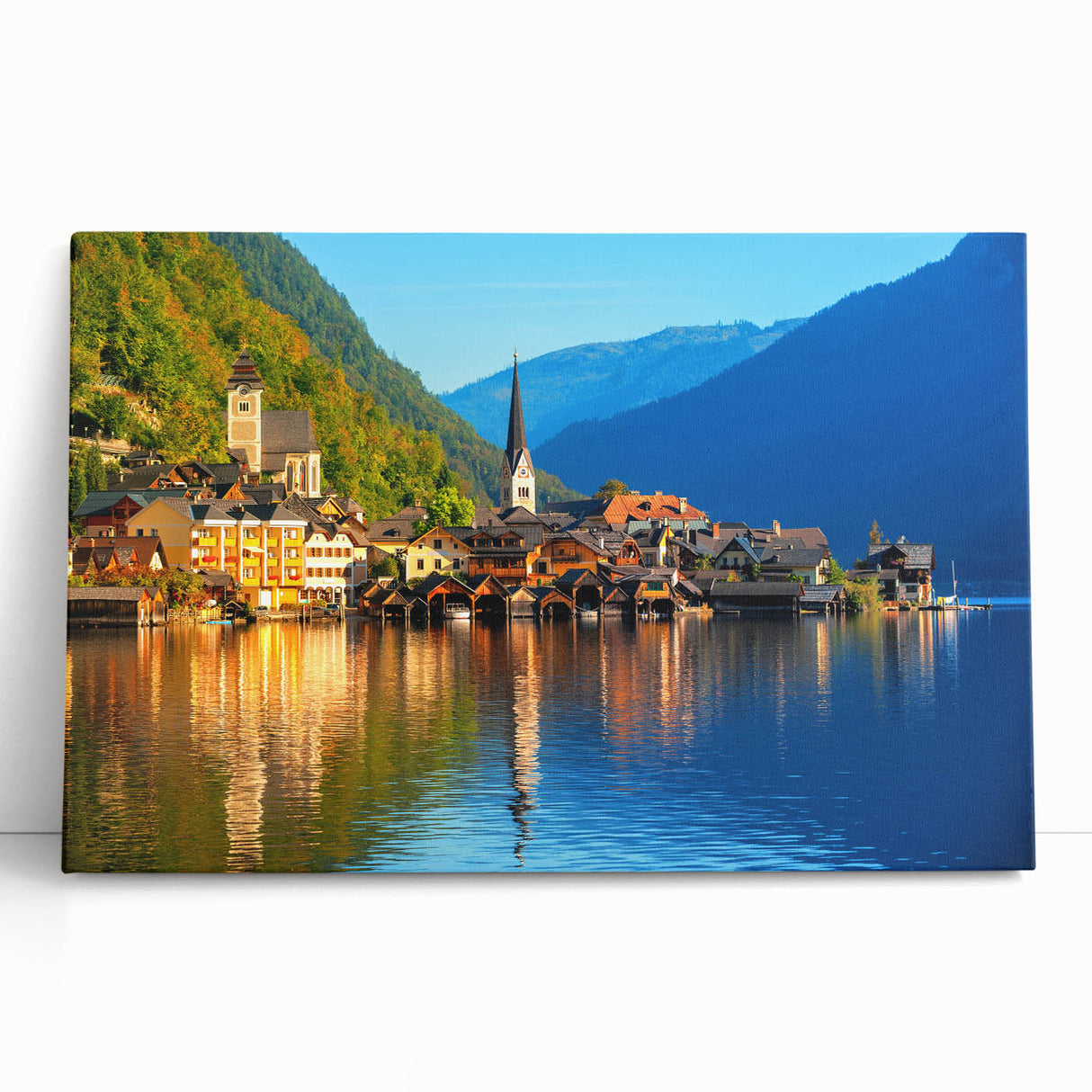 Large black and white photo of a European street scene on stretched canvas, suitable for kitchen art.