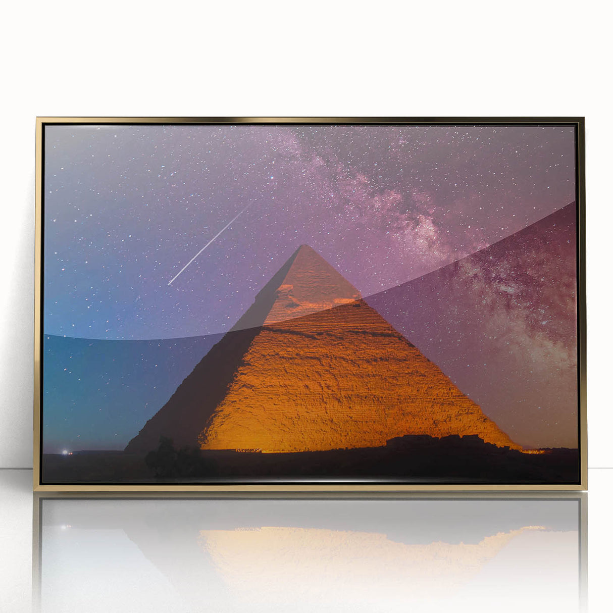 Framed acrylic print of a mid-century modernist Egyptian landscape in gold and blue tones, suitable for nursery wall art.