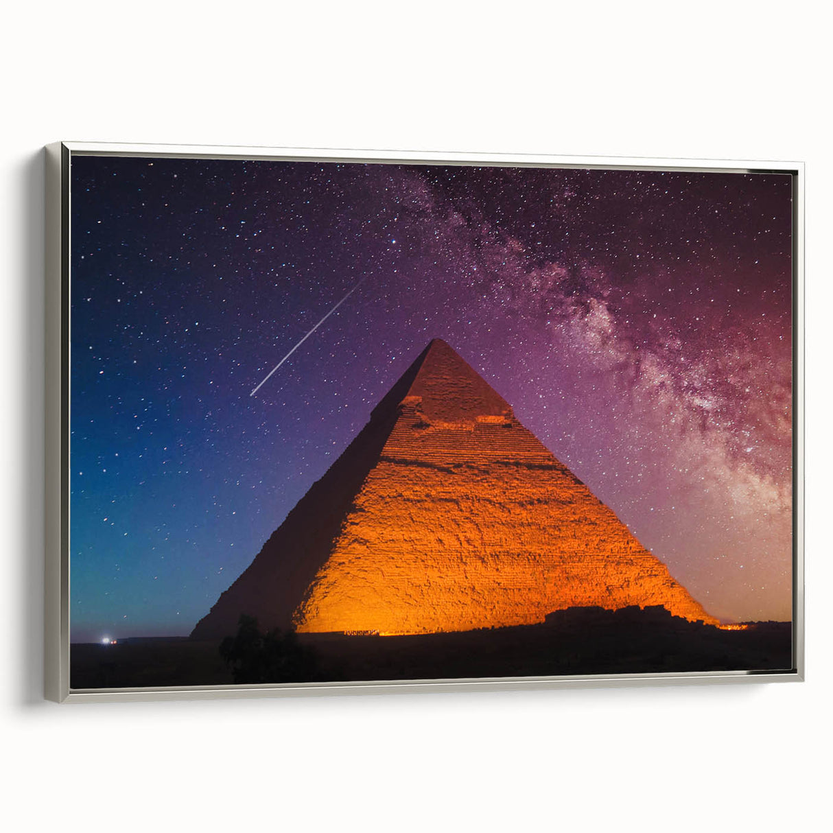 Vintage poster art of Egyptian scenery on a framed canvas, featuring vibrant colors, ideal for living room decor.