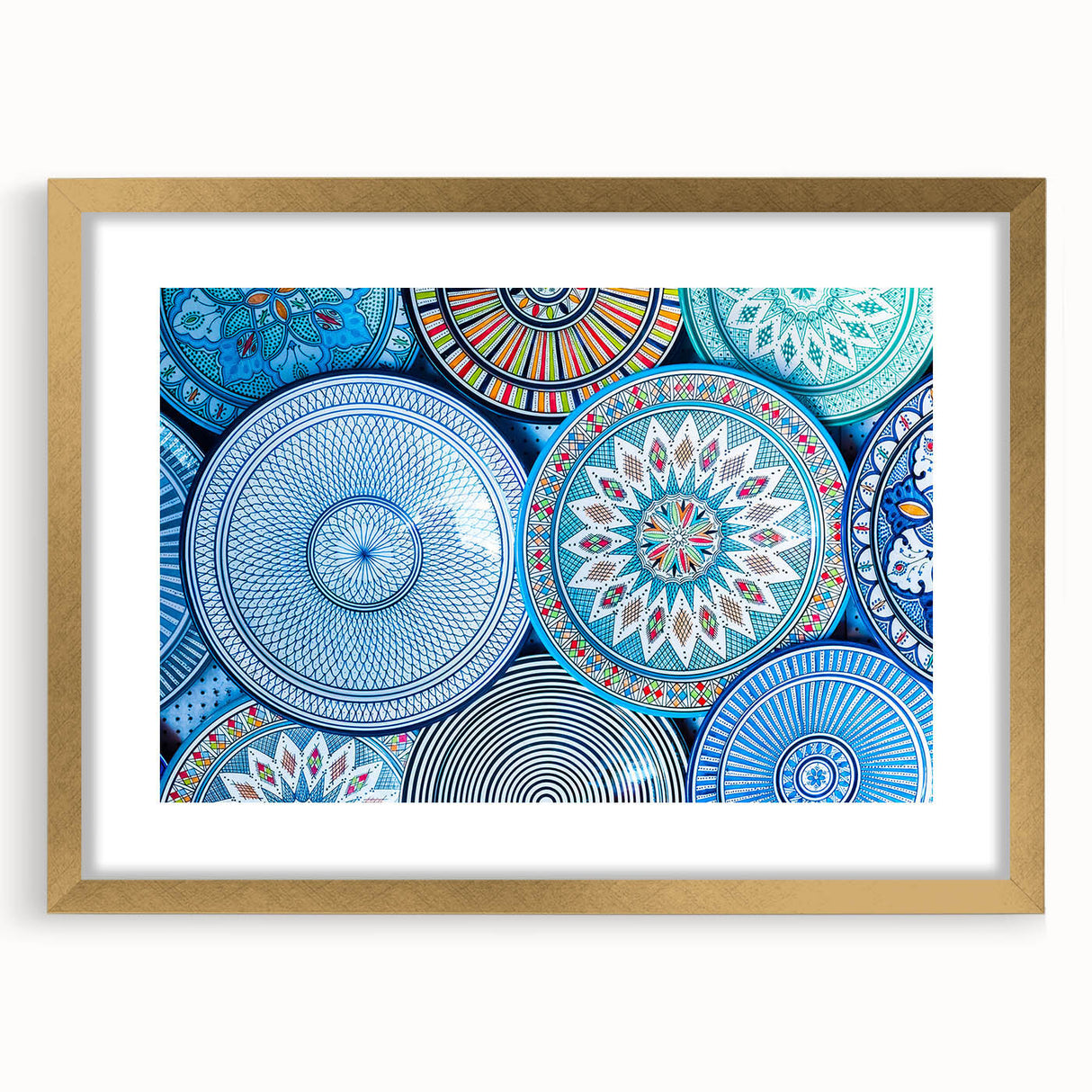 Textured abstract art print of a Moroccan landscape, in earthy tones on a framed gold mat, ideal for bedroom art.