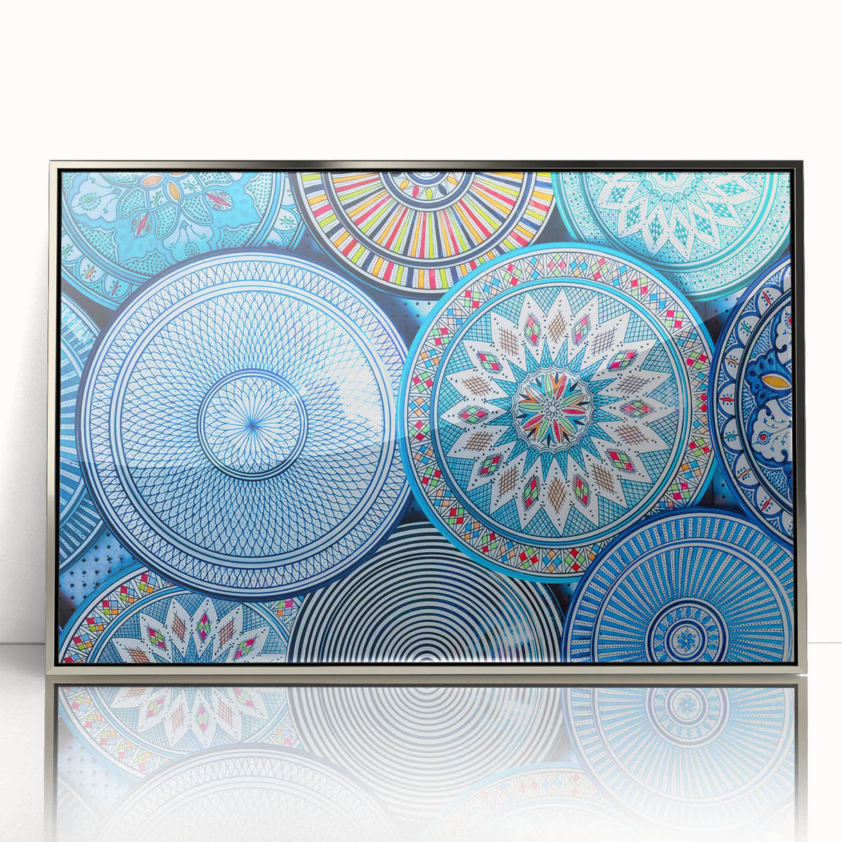 Art deco poster of Moroccan landscape in silver frame, acrylic print, ideal for modern art wall decor.