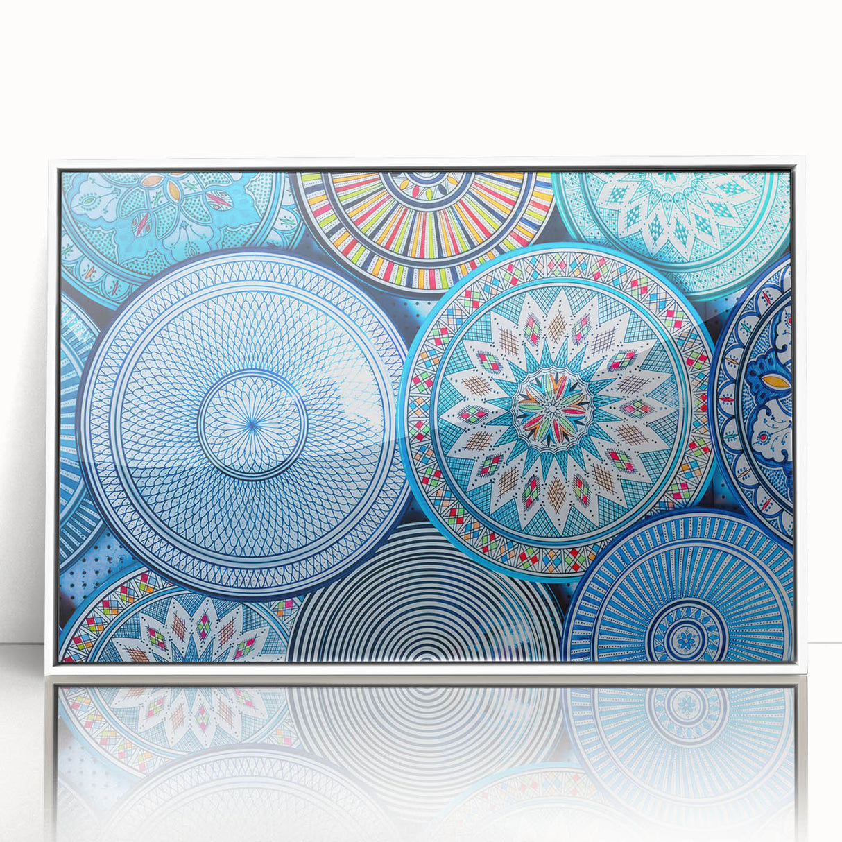 Large acrylic print of a Moroccan landscape in muted earth tones, framed in white, suitable for modern nursery decor.