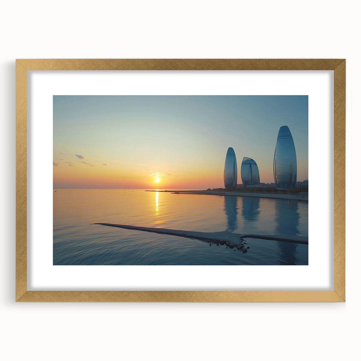 Abstract art print featuring textured waves in muted gold and beige tones on a large framed canvas.