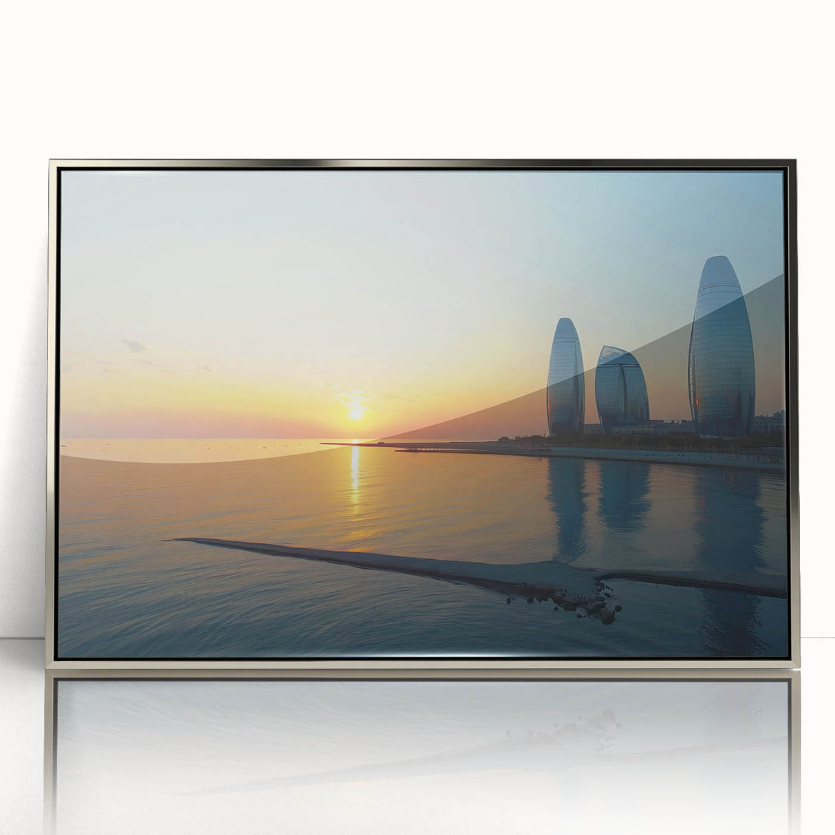 Mid-century modernist acrylic print of an Asian landscape in muted earth tones, framed in silver.